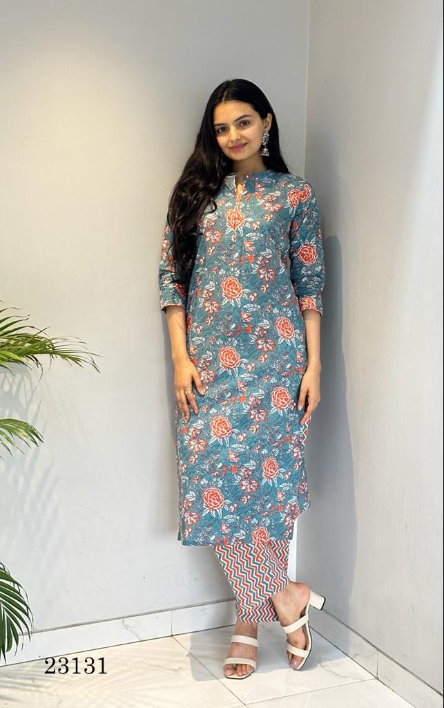 Indira 23131 Straight Cut Cambric Cotton Kurti With Bottom Wholesale Price In Surat
